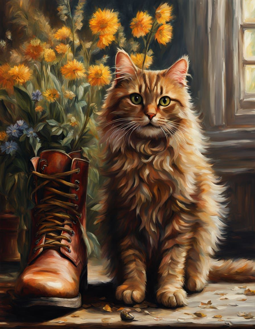 Curly Cat Emerges from a Boot in an Earthy Oil Painting