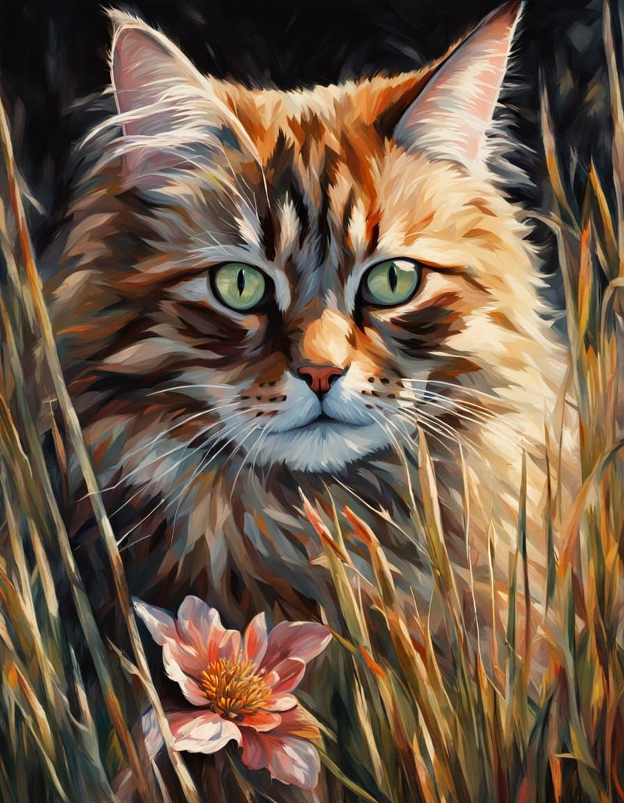 Curly Cat Emerges from Boot in Realistic Oil Painting