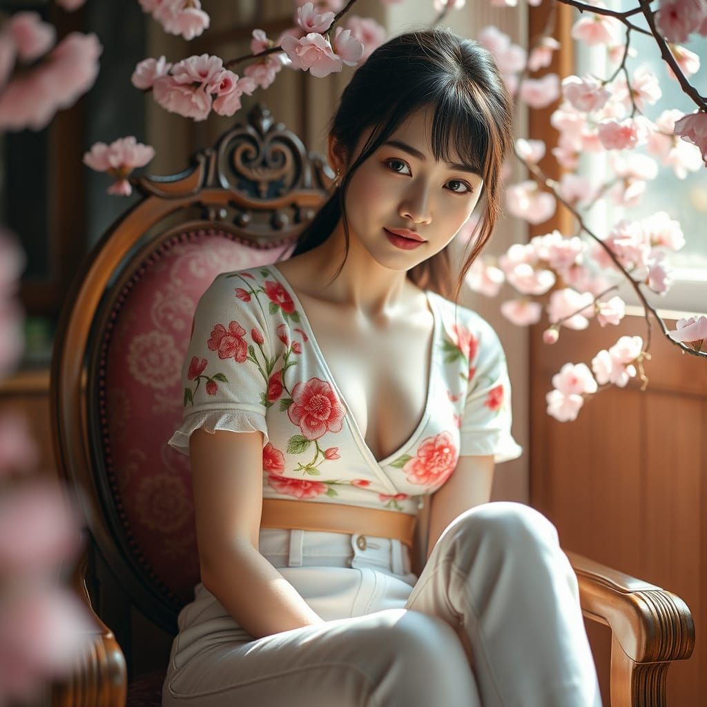 Photorealistic Japanese Woman with Cherry Blossom Textures