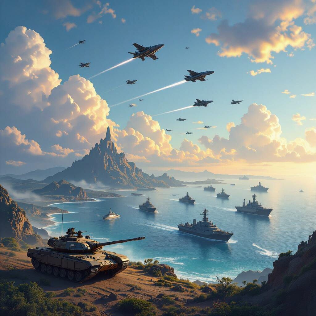 Island Horizon with Jets, Ships, and Tank in Detailed Matte ...
