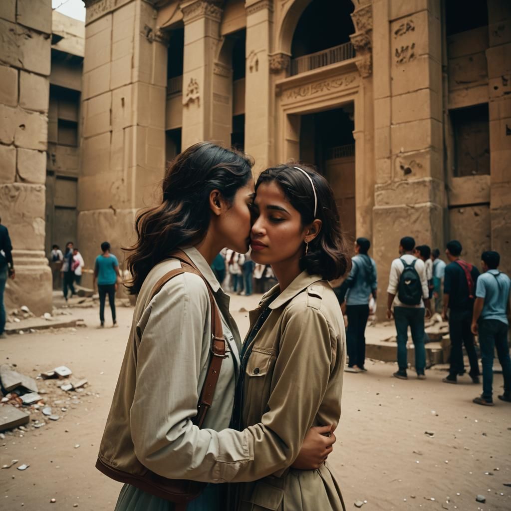 Two Girls Kissing in Cairo: Cinematic Film Still