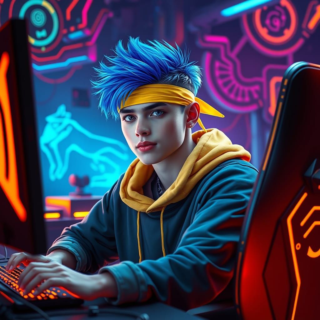 Gaming Enthusiast with Vibrant Blue Hair in Futuristic Setup