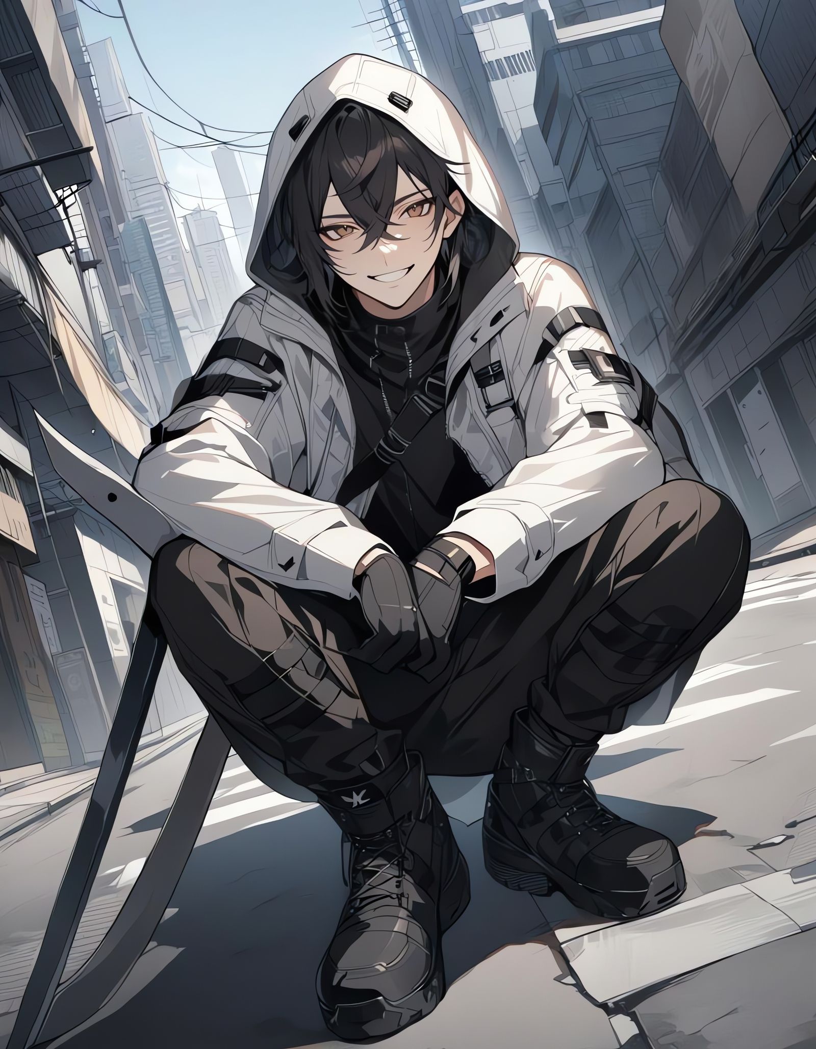 Bishounen in Techwear Sitting in Cityscape