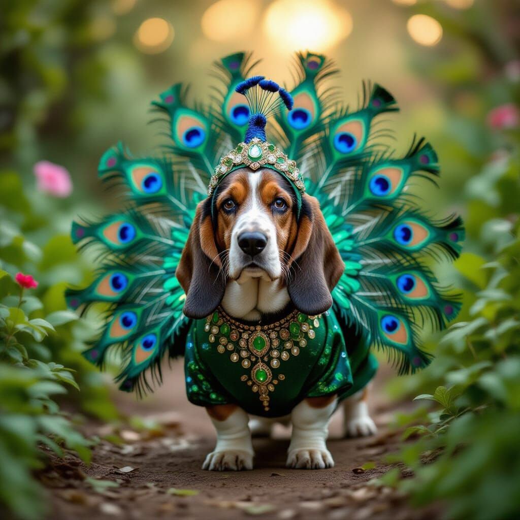 Basset Hound in Peacock Costume in Enchanted Garden