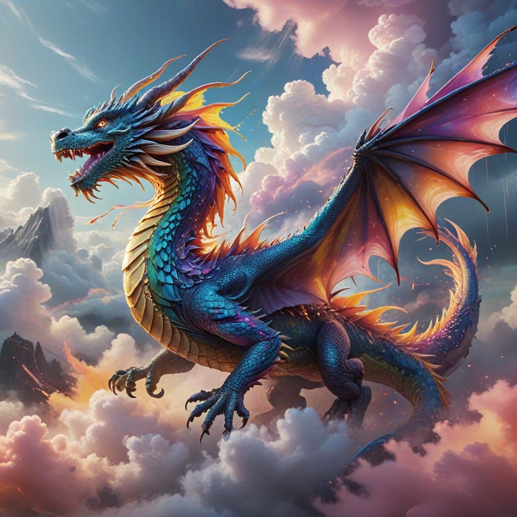 Rainbow Dragon Soars Through Iridescent Skies