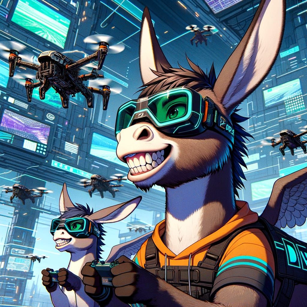 Anime Donkey Competes in Futuristic Drone Racing
