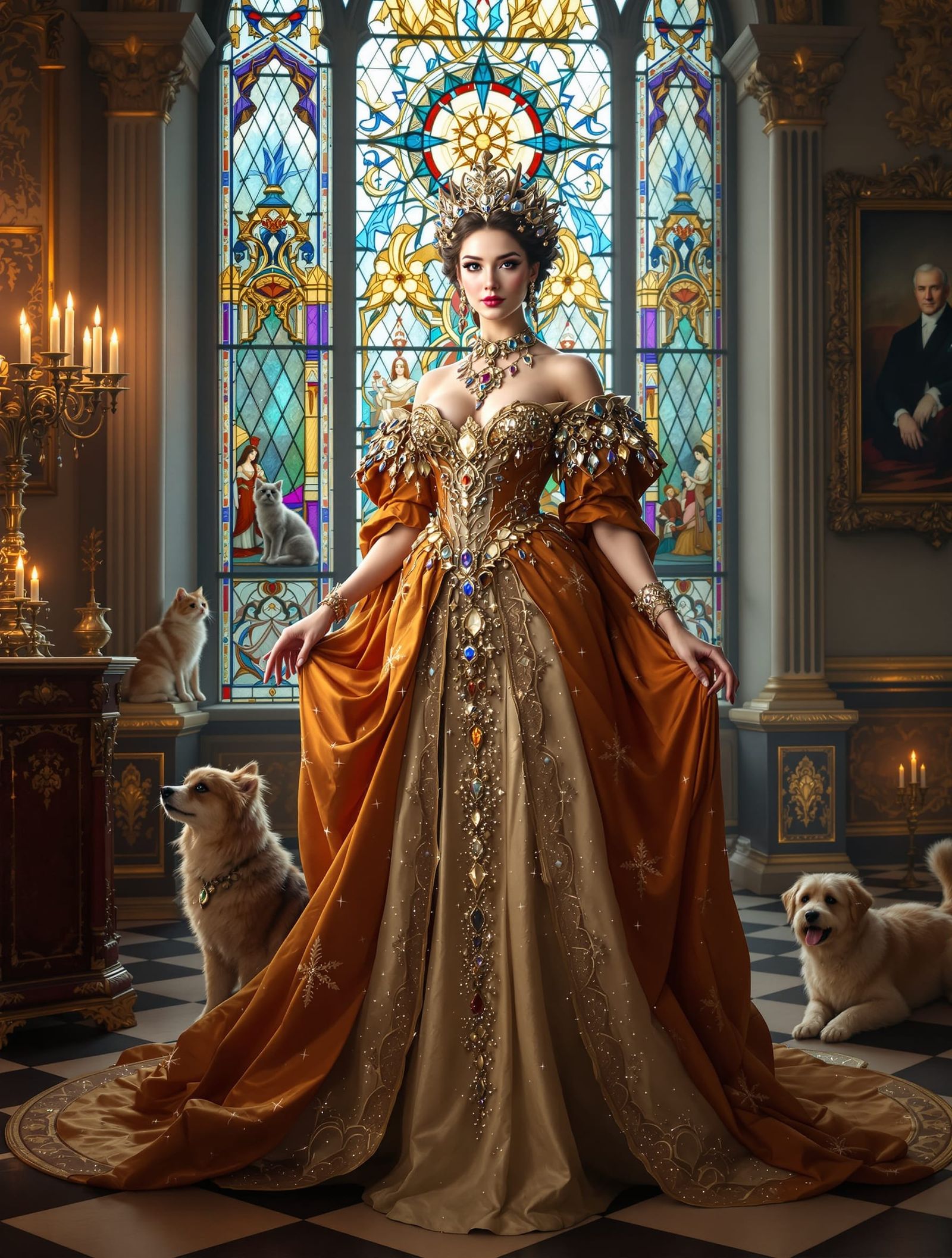 Elegant Princess Portrait in Ornate Palace Hall