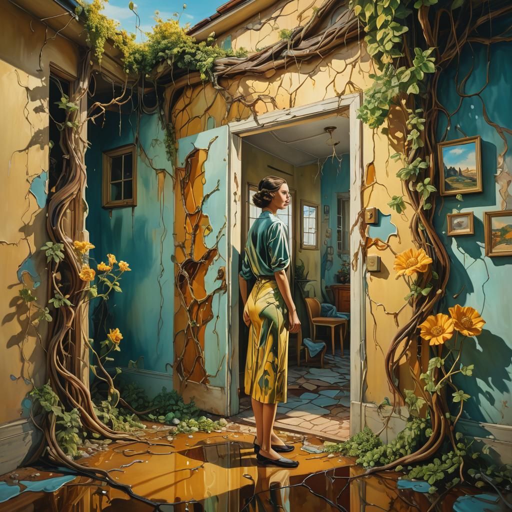 Surreal Oil Painting of Melting Suburban Home