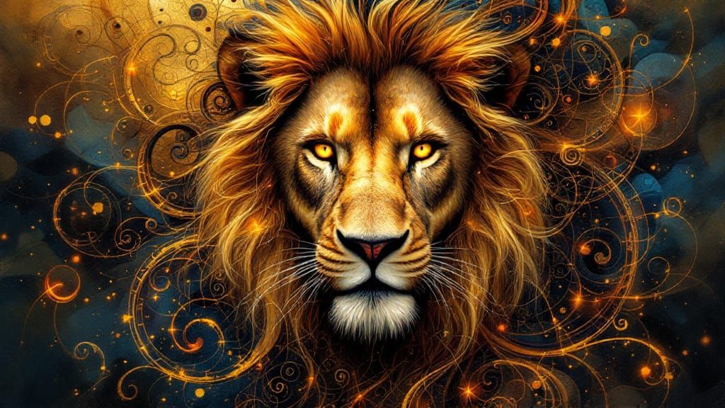 Majestic Lion with Fractal Mane in Metalwork Style