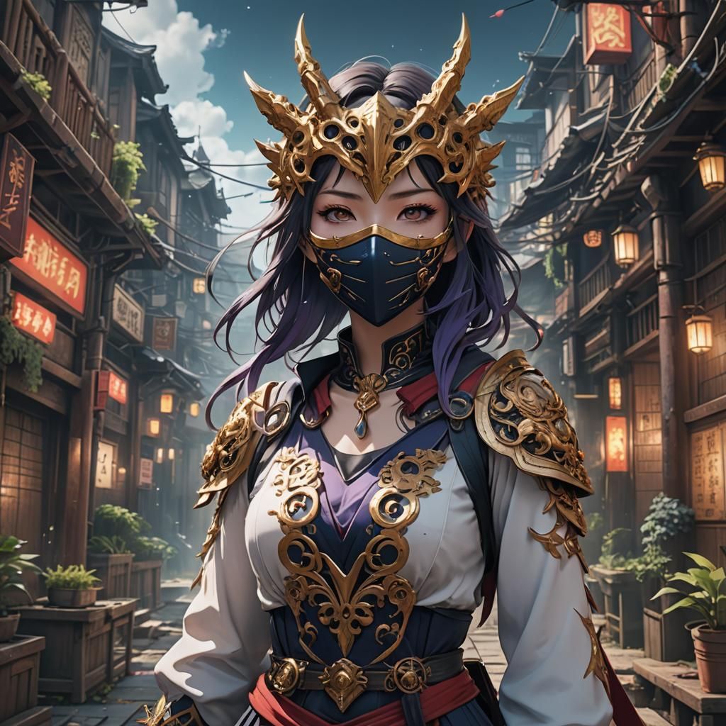 Anime Girl in Mask: Detailed Fantasy Art