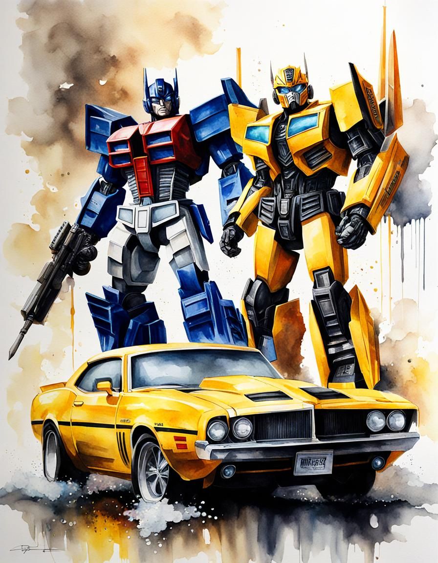 A full portrait of (transformers: Micheal bay) optimus prime and bumblebee, wet brush, watercolour, fine art, detailed a...