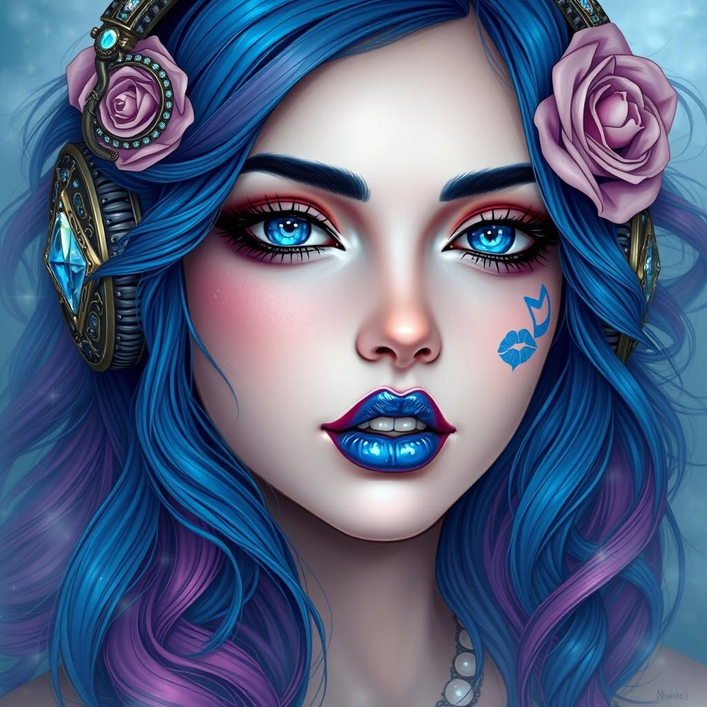 Siren with Blue Hair and Jeweled Headset in Fantasy Art