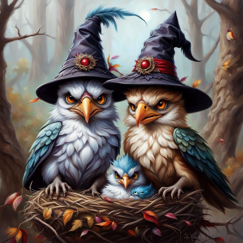 Griffins in Witch Hats as Oil Painting