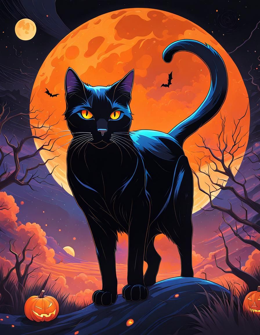 Halloween Black Cat with Orange Eyes in Astral Style