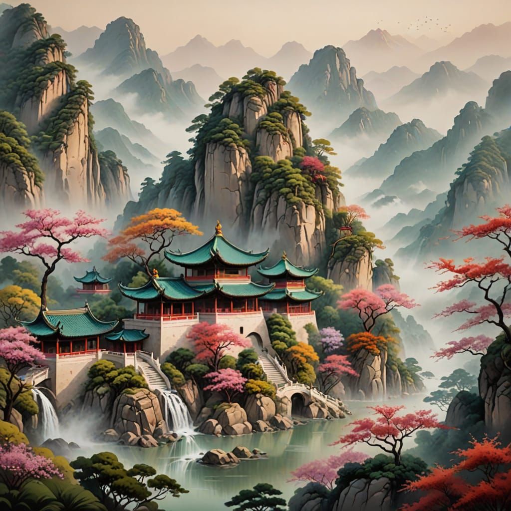 Serene Chinese Monastery in Majestic Mountain Landscape