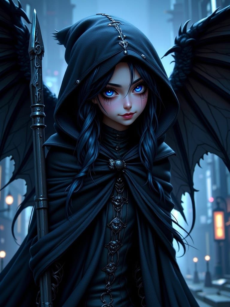 Curvy Death Maiden with Enormous Wings in Dark Fantasy