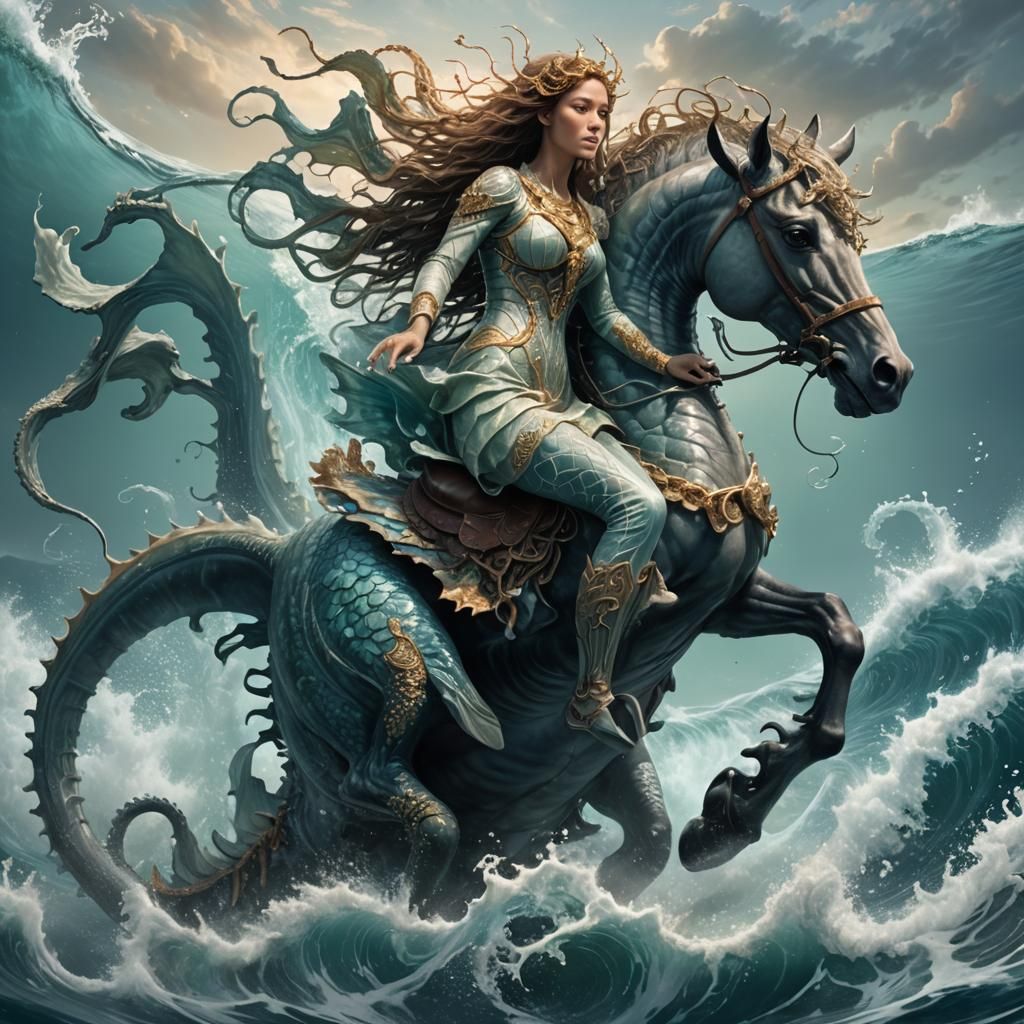 Mystical Woman Riding Armored Seahorse in Ocean Waves