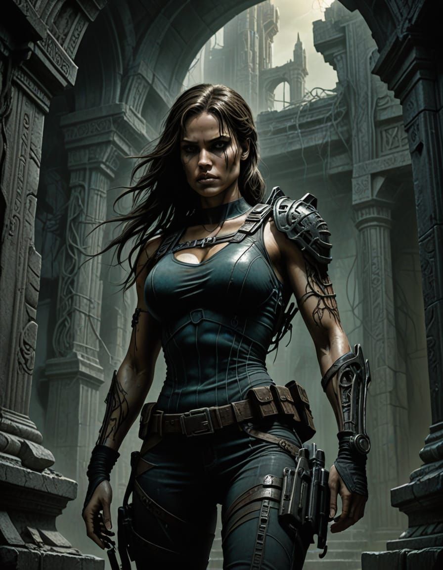 Dark Fantasy Lara Croft in a Haunting, Biomechanical Temple