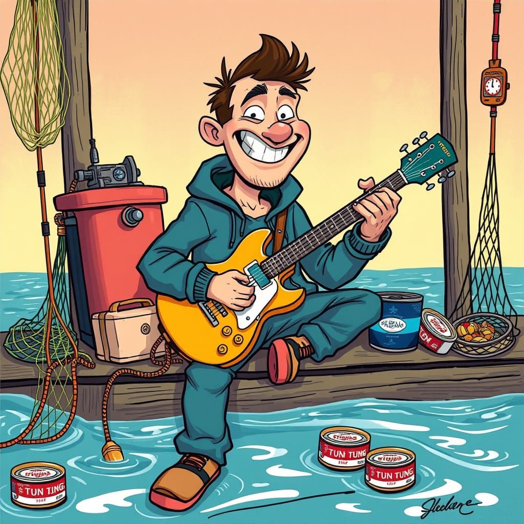 Playful Guitarist Surrounded by Fishing Nets and Tuna Puns