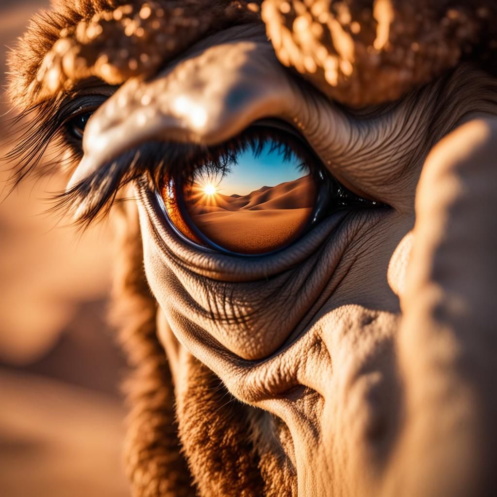Camel's Eye Reflecting Desert Sunset: Macro Cinematic Shot