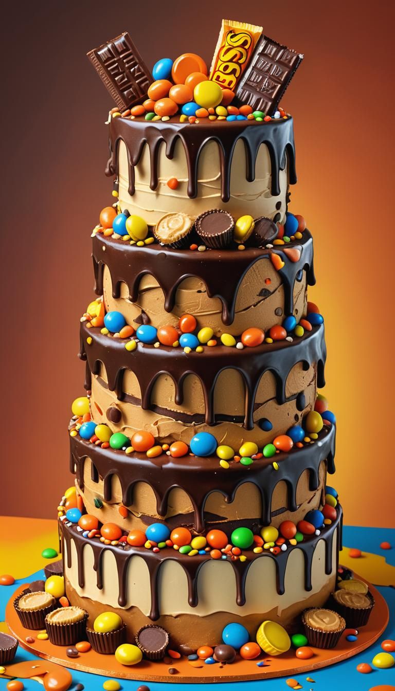 Hyperrealistic Three-Tiered Reese's Cake Splash Art