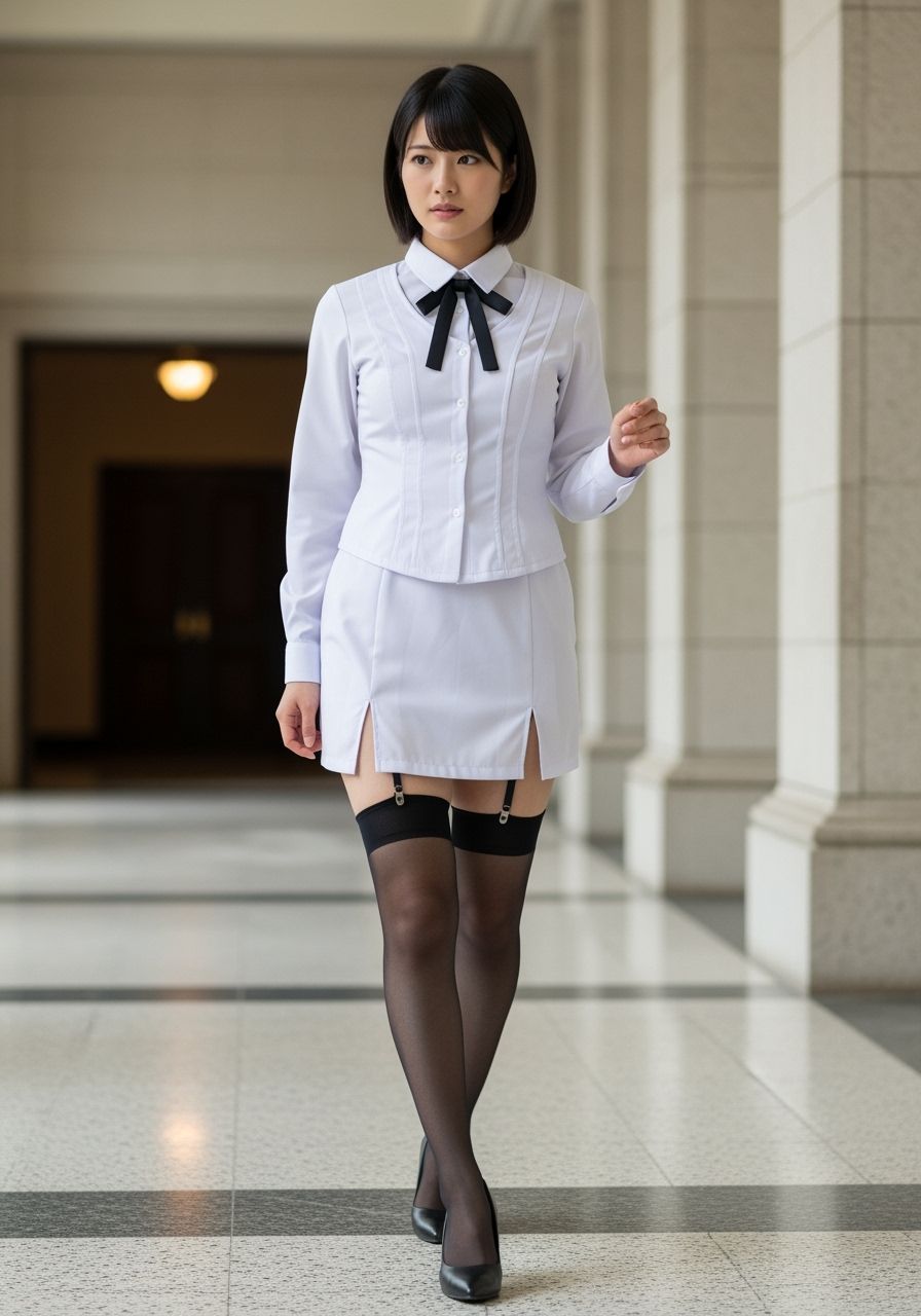 Elegant Japanese Woman in White Serge Dress