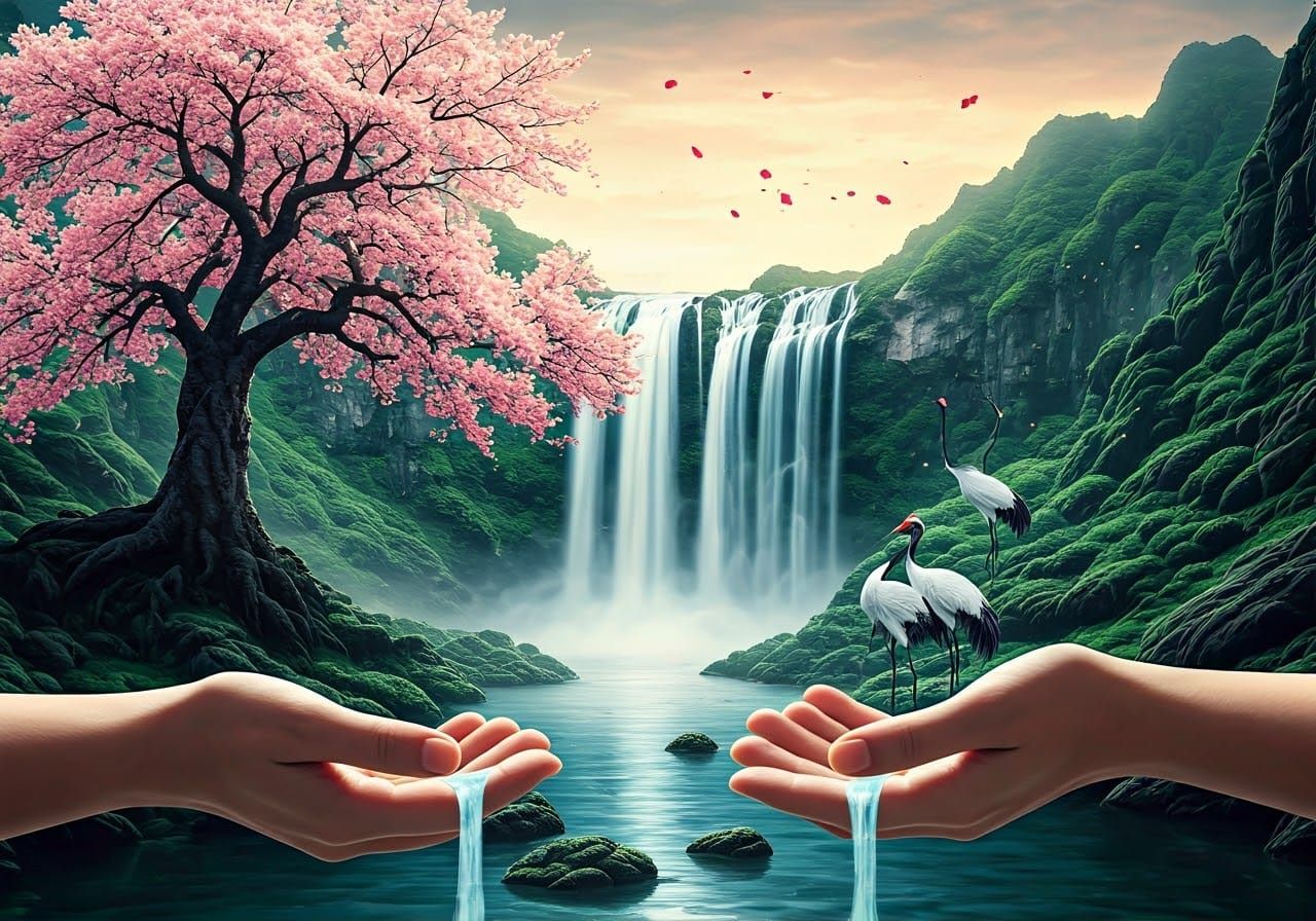 Cherry Blossom Tree and Waterfall in Hand: Ink and Watercolo...