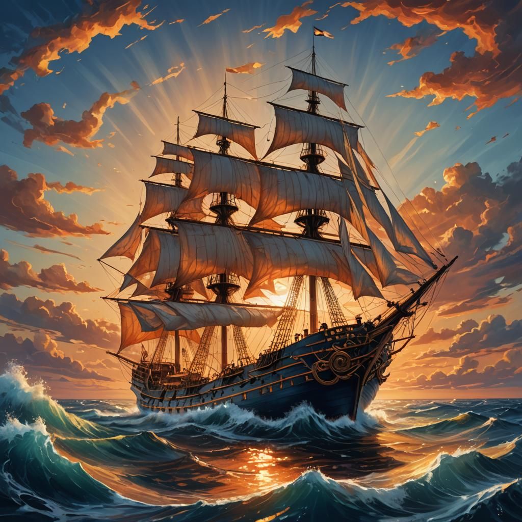 Majestic Ship at Sunset: Fantastical Maritime Art