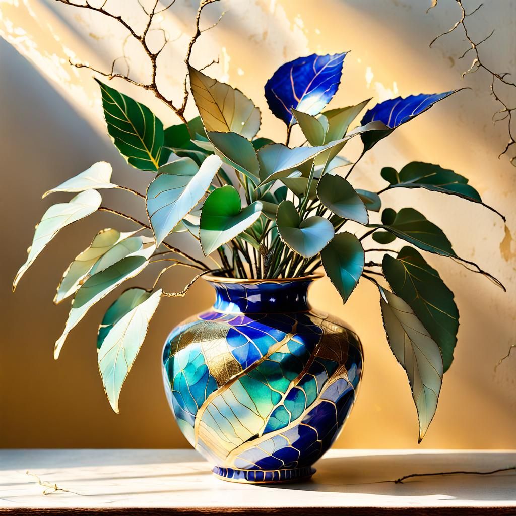 Plants with unusual colors with leaves, in an old kintsugi v...