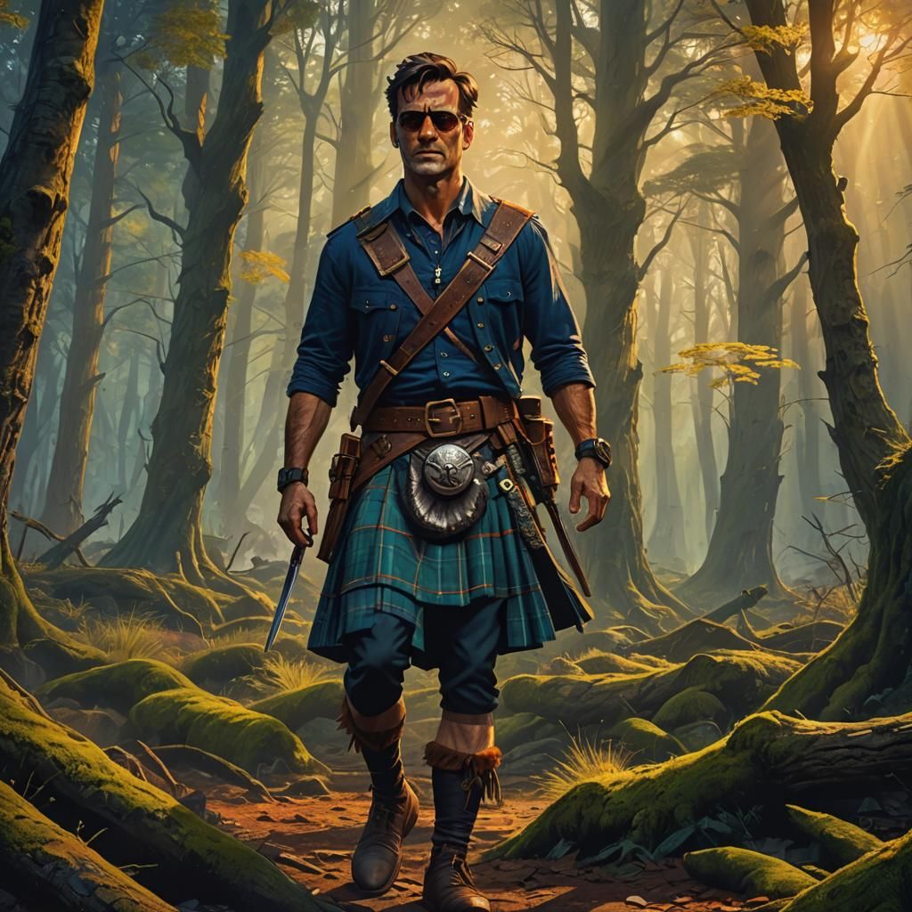 Ash Williams in Kilt Amidst Mystical Forest