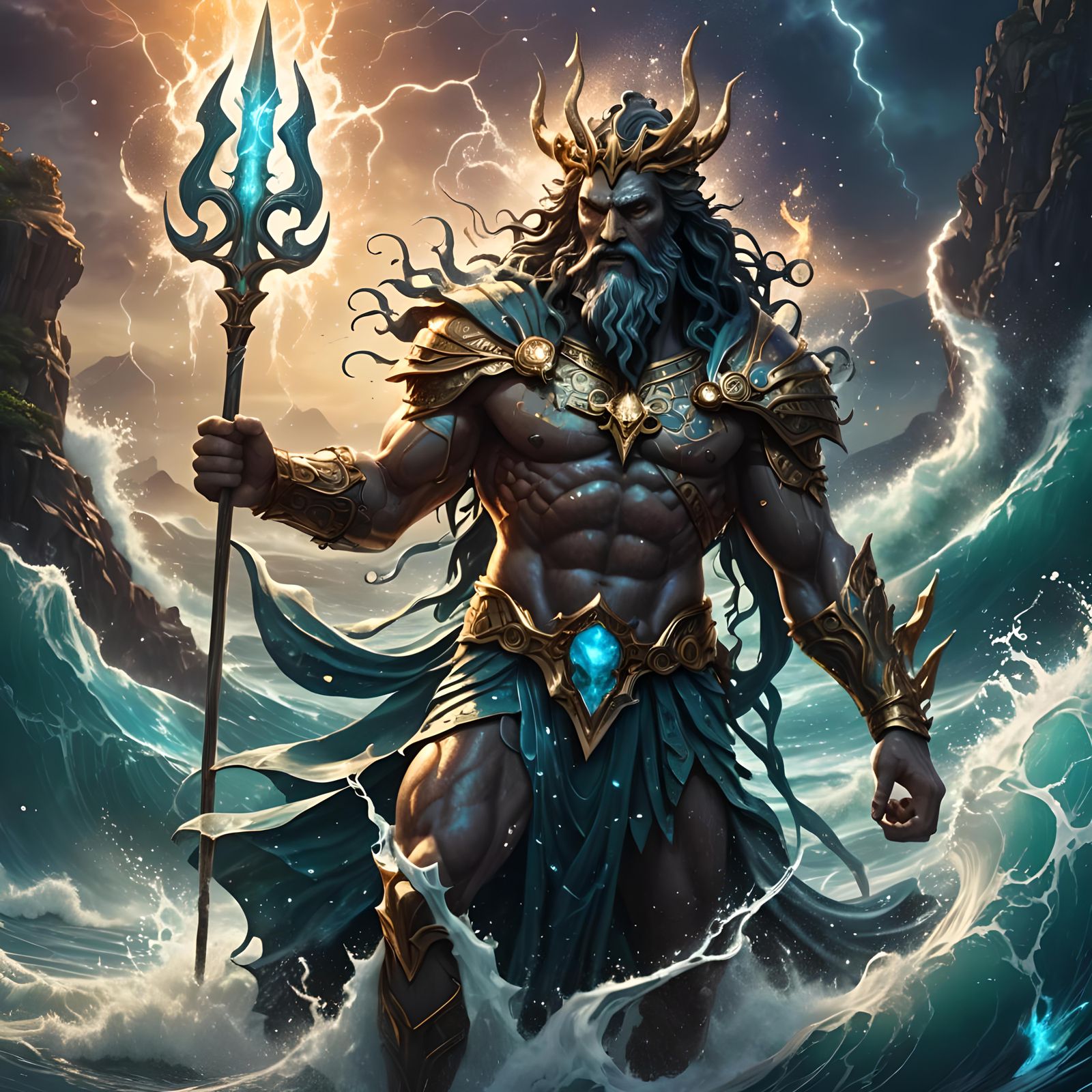 Poseidon Dissolving into Magic Ocean Waves