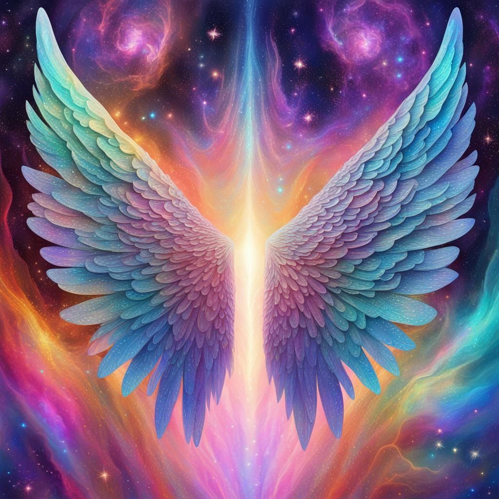 Holographic Angel Wings in Visionary Art Style