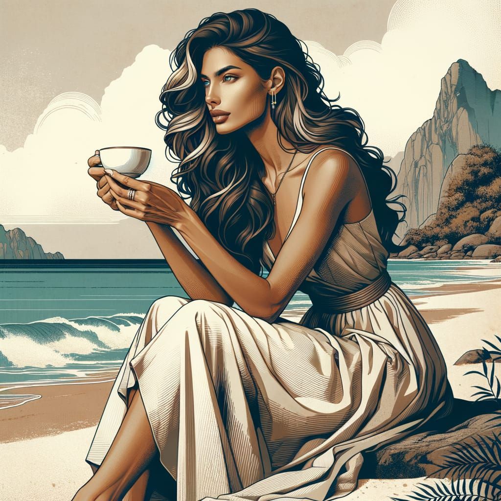 Elegant Woman Contemplates the Sea, Woodblock Style