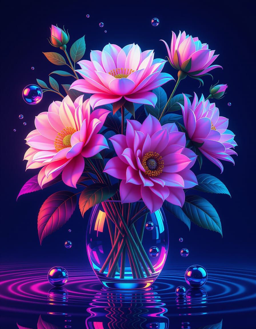 Luxurious Floral Still Life with Liquid Mercury Textures