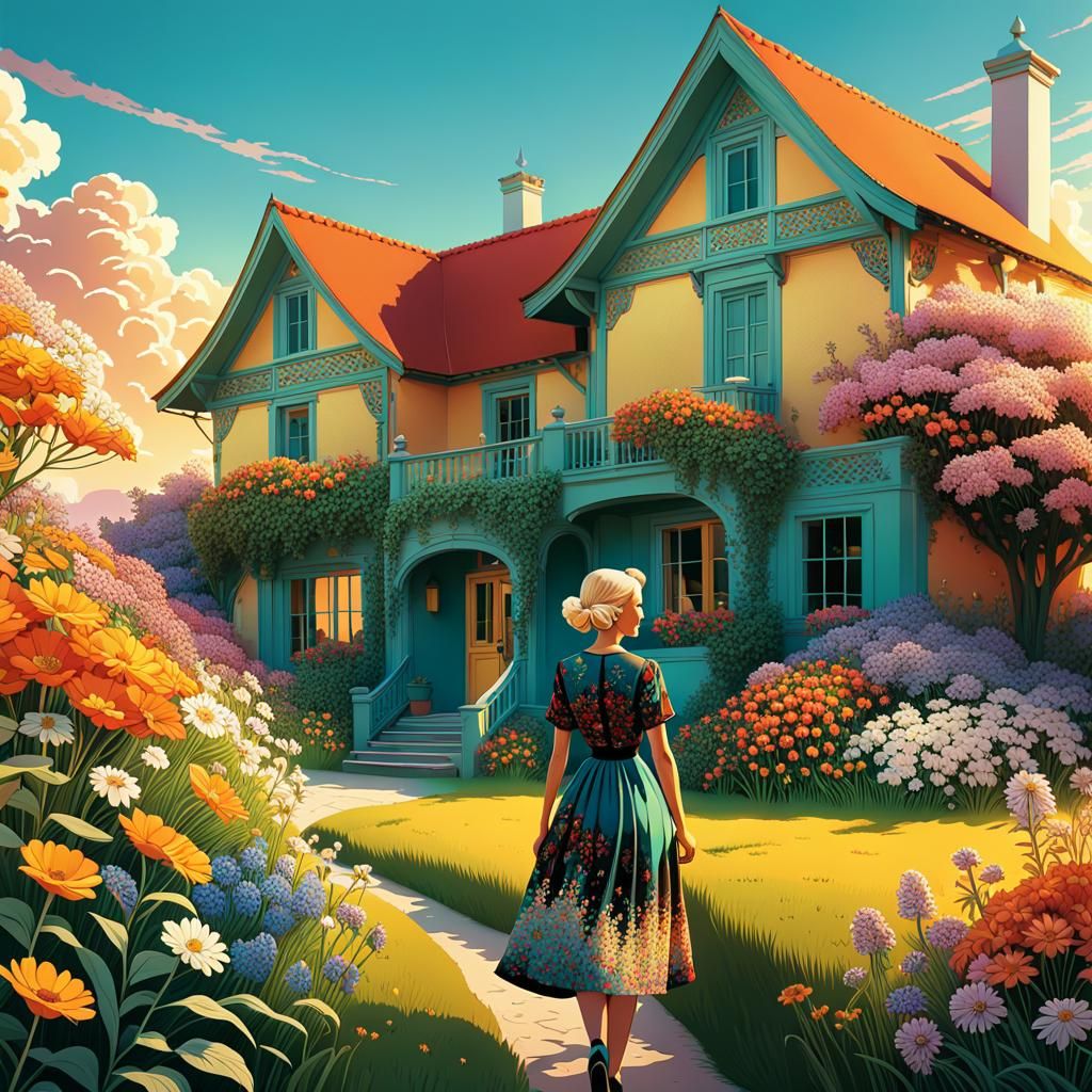 Hergé-Style Lady with Flower Bouquet Illustration