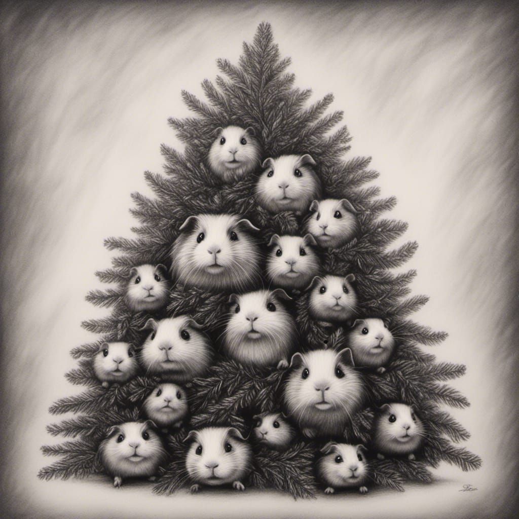 Guinea Pigs Celebrate Christmas: Detailed Charcoal Drawing