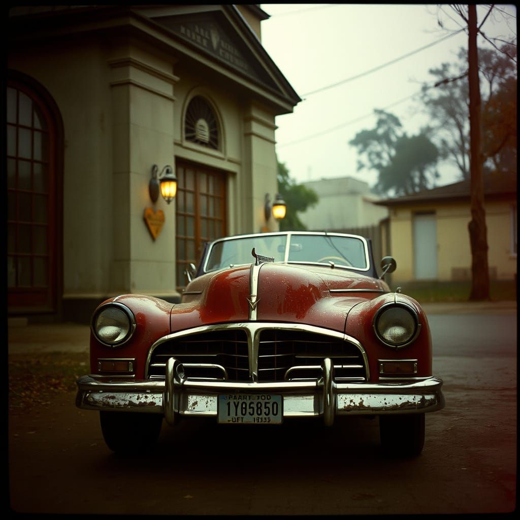 Vintage Car at Mansion: Cinematic Film Still
