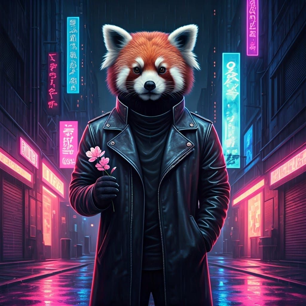 Cyberpunk Red Panda with Sakura Flower