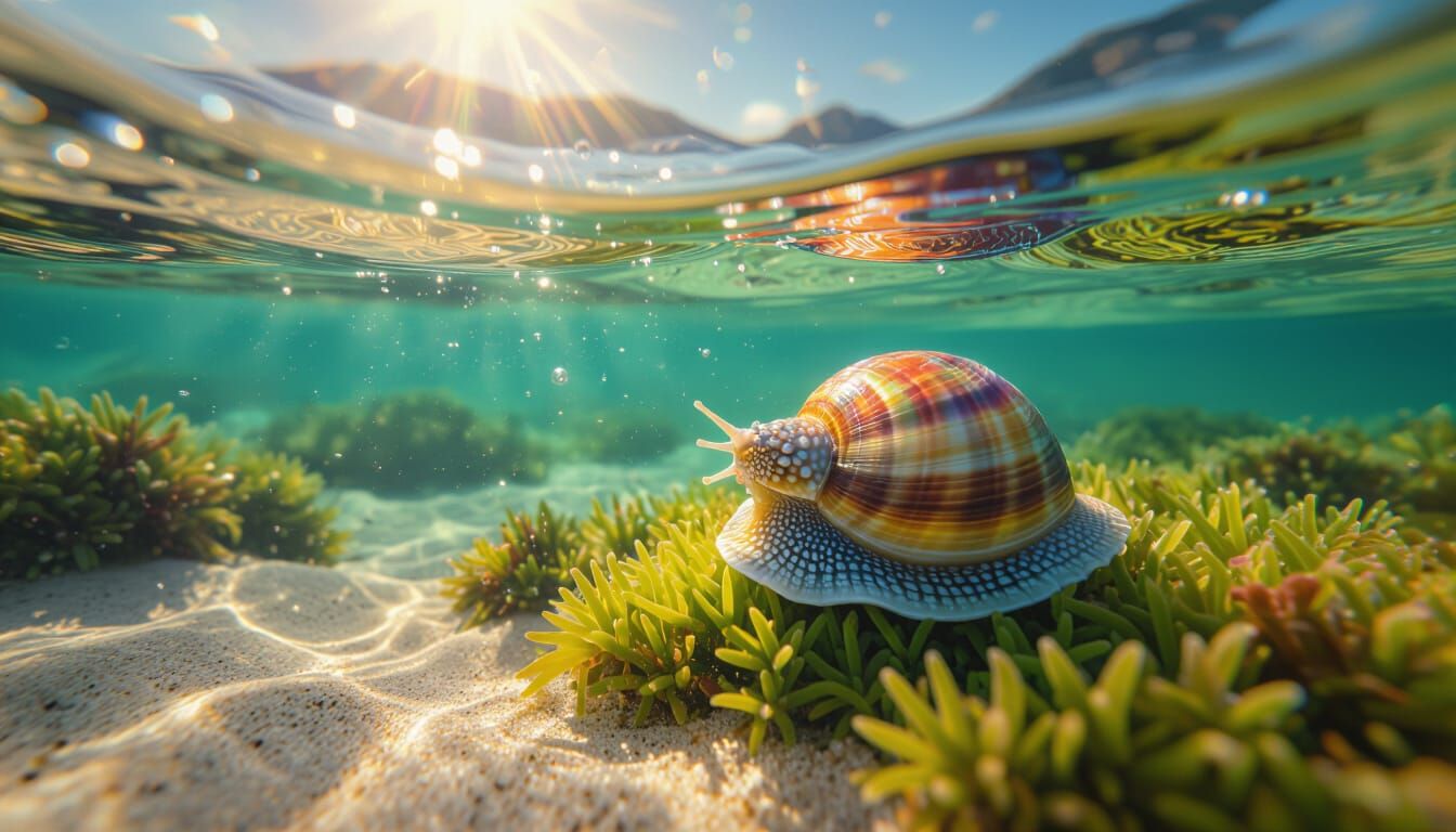 Gastropod on Algae in Sun-Dappled Shallow Sea