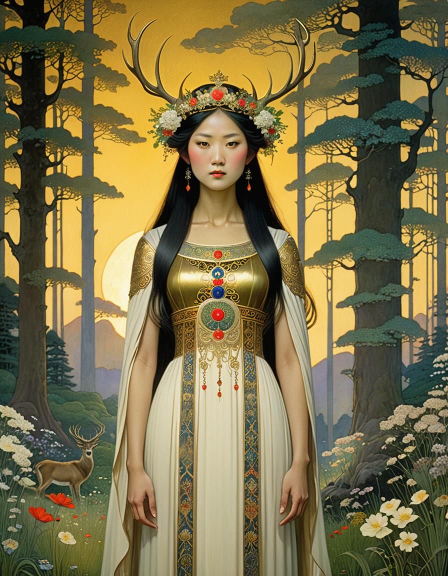 Forest Guardian with Stag Antlers in Chiaroscuro