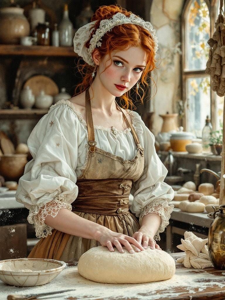 Redhead Baker in Art Nouveau Kitchen