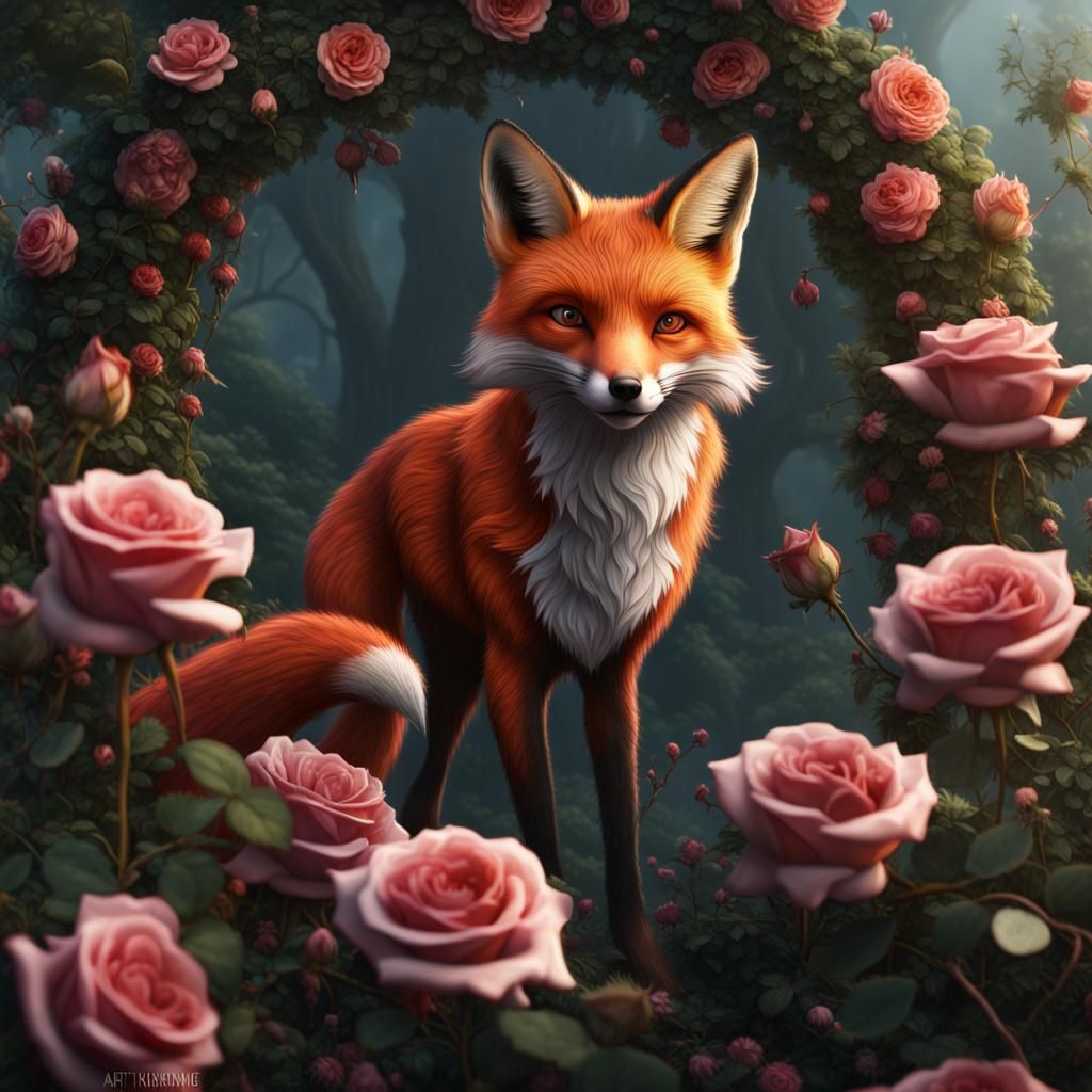 Fox in Rose Bush: Detailed Matte Painting
