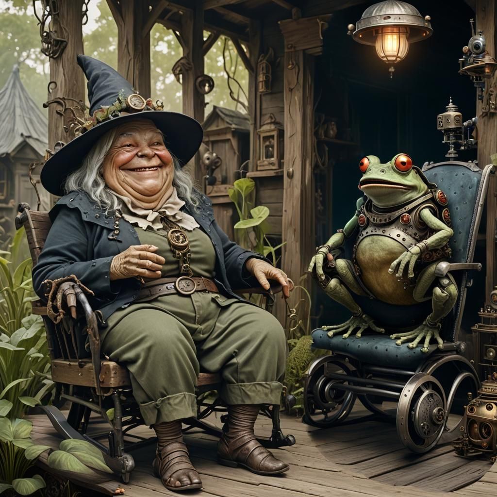 Witch and Cyborg Toad in Steampunk Fantasy