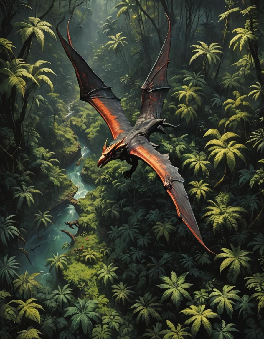 Pterodactyl Over Jungle Clearing as Dark Fantasy Oil Paintin...