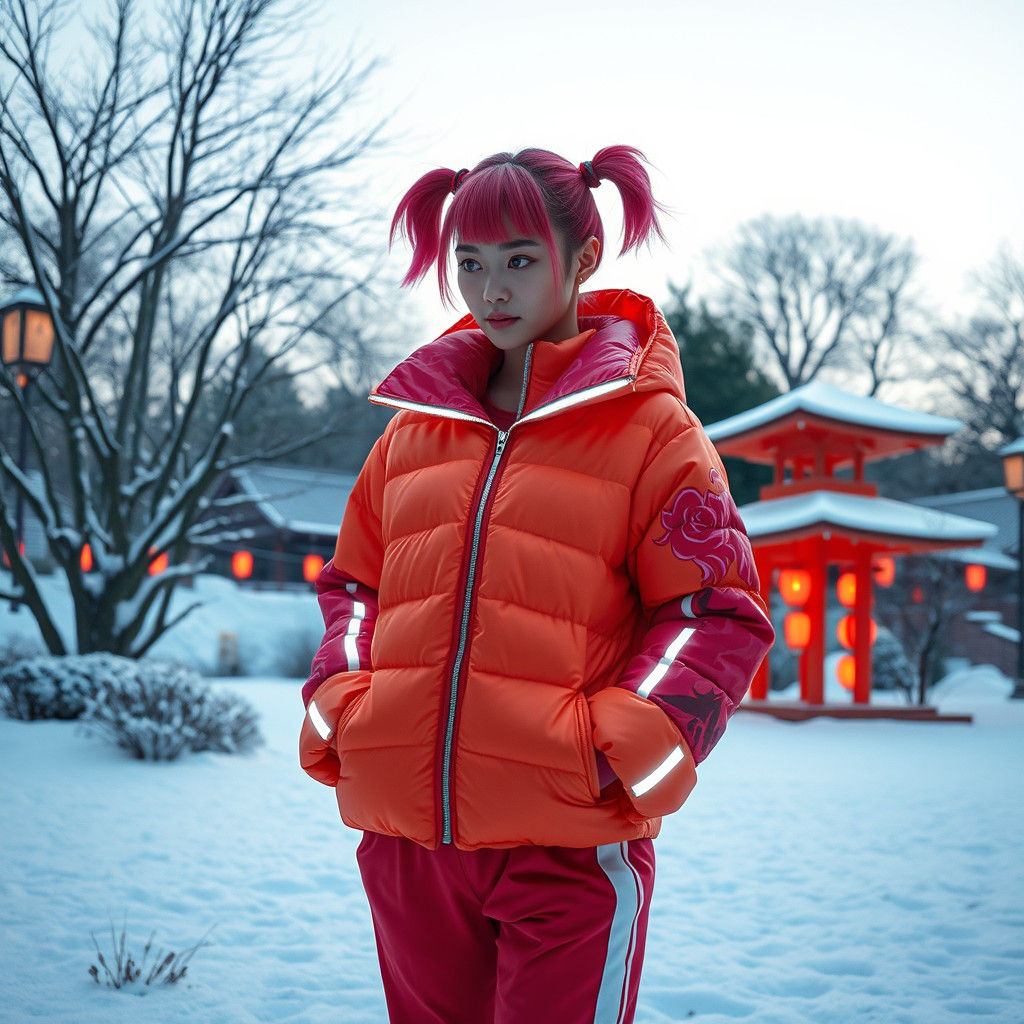 Cyberpunk Winter Garden: Woman in Graffiti Jacket