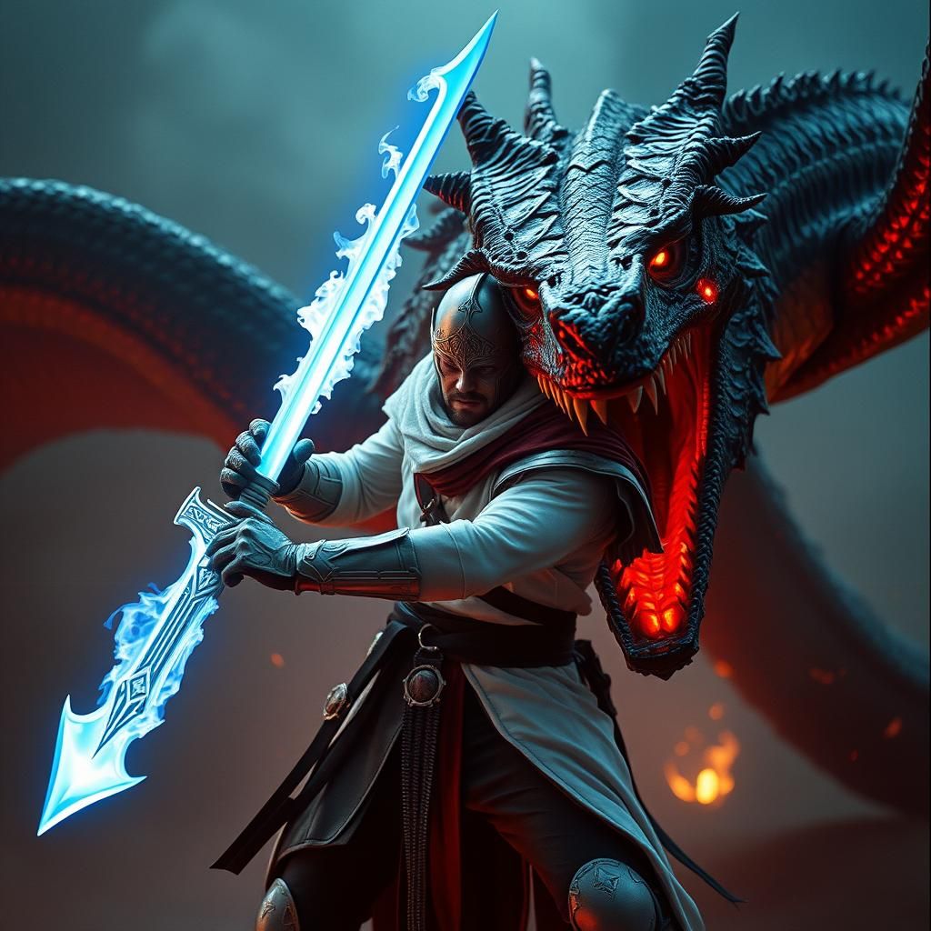 Epic Warrior Battles Dragon in Cinematic Fantasy Scene