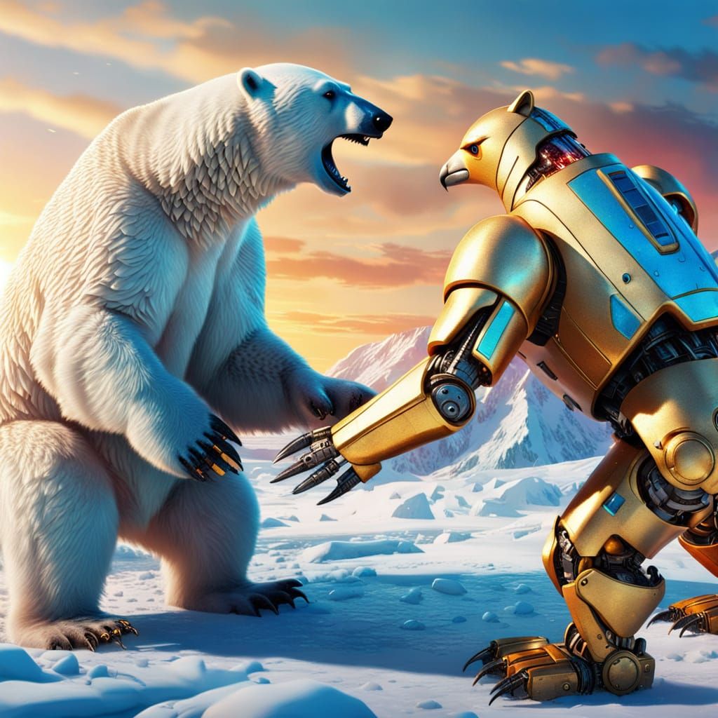 Polar Bear Battles Giant Robot Penguin in Epic Sci-Fi Scene