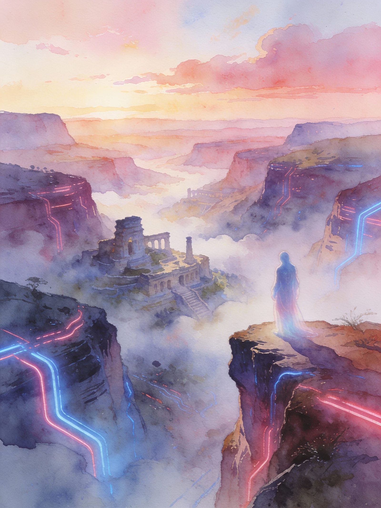 Ethereal Figure on Cliff Overlooking Misty Valley at Dawn