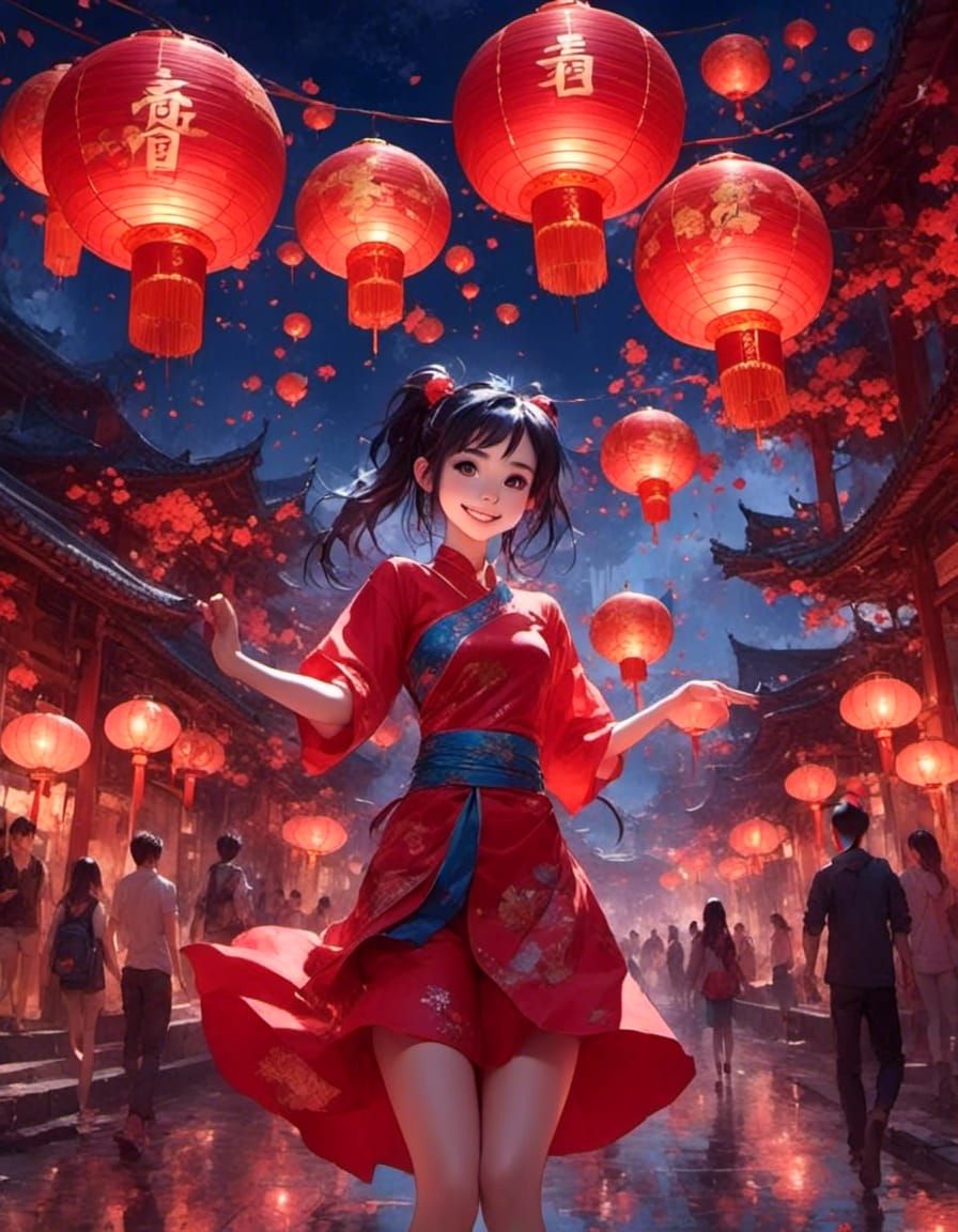 Girl Releases Lunar New Year Lanterns at Night