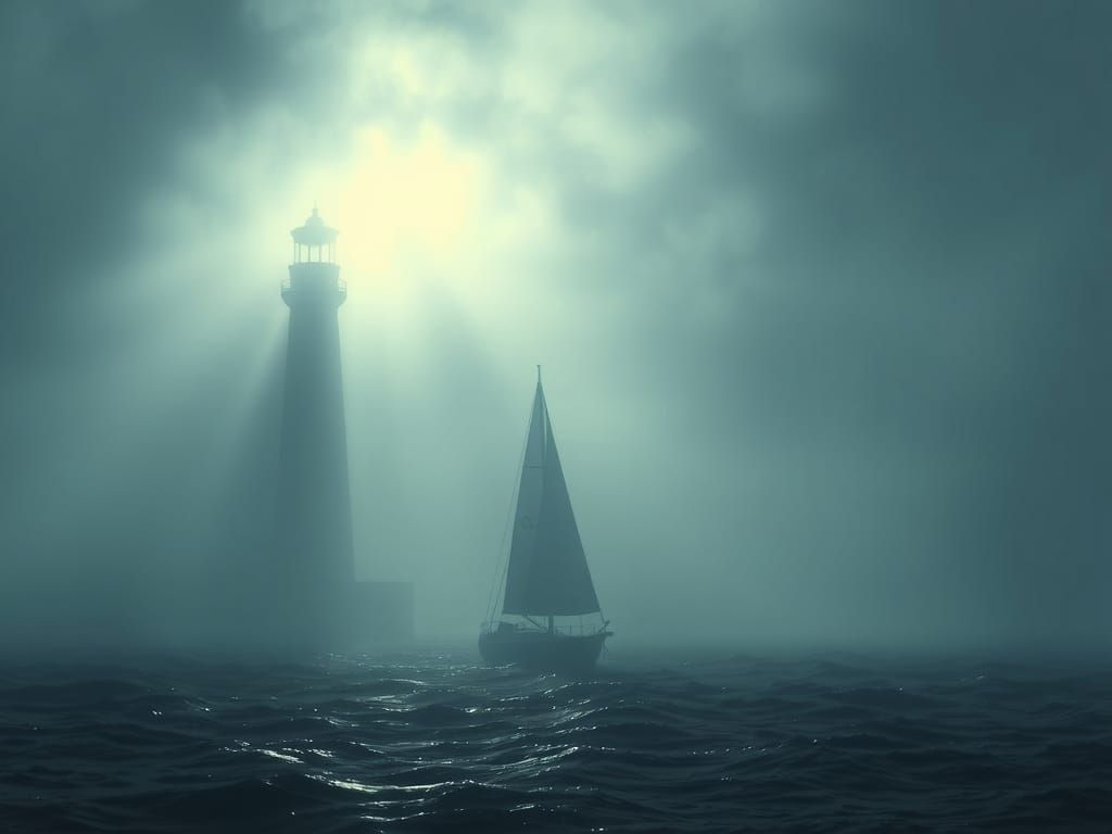 Misty Ocean Lighthouse Scene in Landscape Style